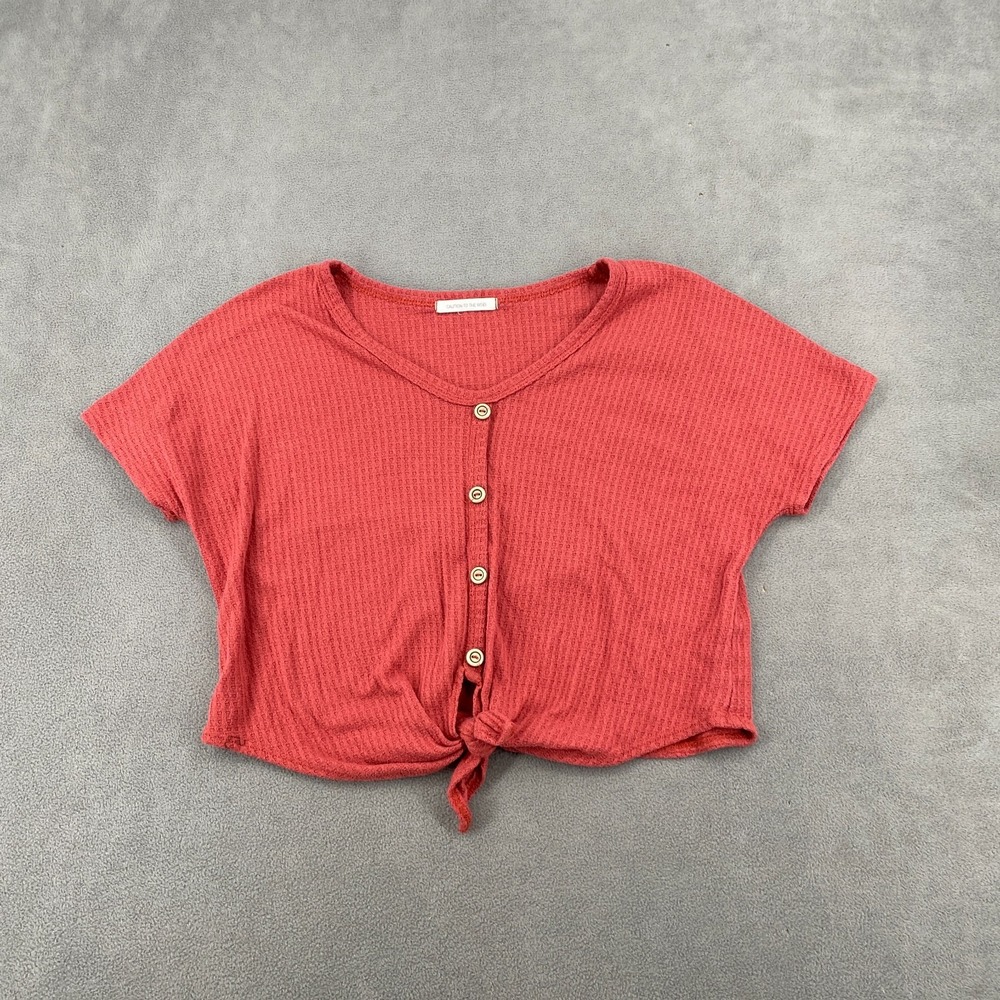 Caution To The Wind Top Womens Coral Short Sleeve Casual Tie Hem Button Front